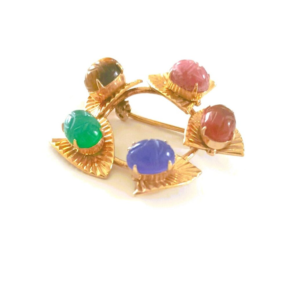Amco 14kgf Multi Gemstone Scarab Brooch Vintage Ribbed Leaf Carved Beatle Pin
